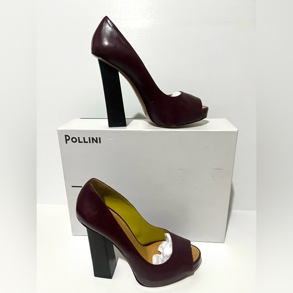 Pollini Burgundy Leather Peep-Toe Block Heels